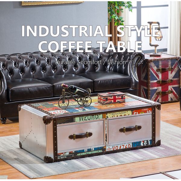 Nidea #8657 Industrial Style Aluminum License Plate Vintage Handmade Durable Coffee Table Cabinet 2 Drawers for Whisky 