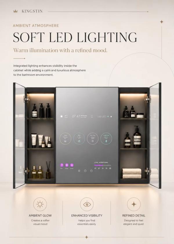 Kingstin Smart Backlit Stainless Steel LED TV Mirror Cabinet for Luxury Bathroom, 100% Custom Size Layout,
