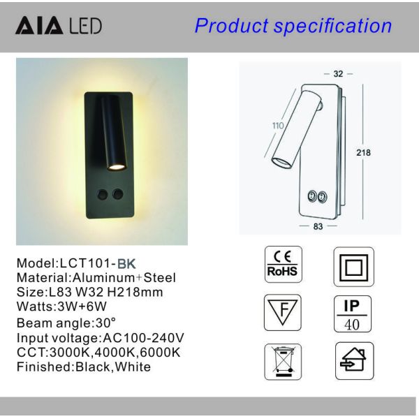 Reading Wall Lamp Reading room 3W Bedside Bedroom ambient lighting book Room Lighting hotel Fixture Sconce For villa