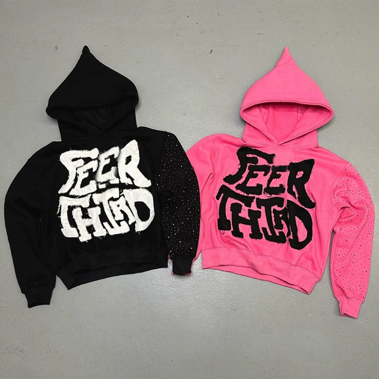 Cotton Knitted Streetwear Distressed Patch Work Cropped Black Pink Rhinestone Hoodie With Rhinestones