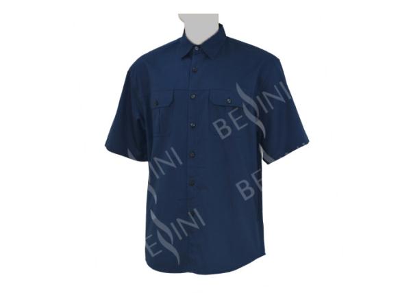 Men's 100% Cotton Twill Custom Work Shirts Short Sleeve Dark Blue Chest Pockets