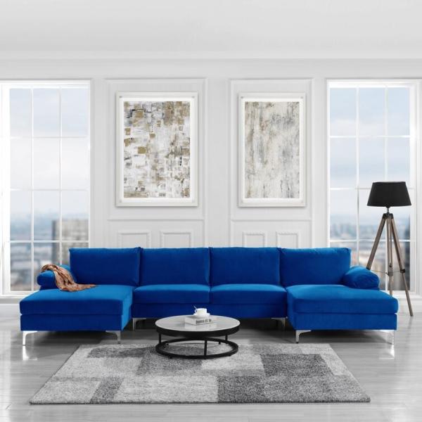 Velvet Chaise Modular Sectional Sofa Anti Abrasion Dark Blue Color