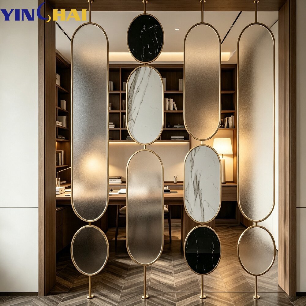Custom Stainless Steel Golden Frame Oval Frosted Glass Marble Slice Partition