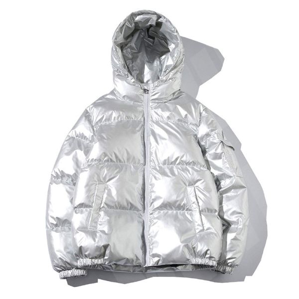 Metallic Hooded Bubble Jacket Full Zip Down Streetwear Puffer Jacket Anti Shrink