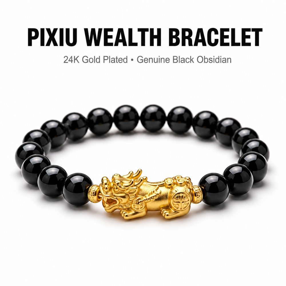 Pixiu Bracelet Black Obsidian 24K Gold Plated - Feng Shui Wealth Protection Bracelet Chinese Money Beast Lucky Charm for Men Women, Adjustable