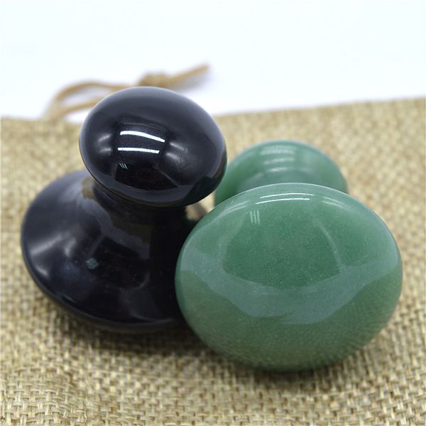 Polished Natural Jade Stone Massage Kit featuring Mushroom Shaped Green Aventurine and Black Obsidian Stones for Gua Sha