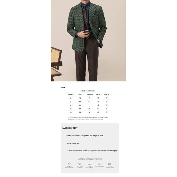 Polyester/Rayon Fabric Men's Suit Retro Single Breasted No Ironing Needed Green Plaid