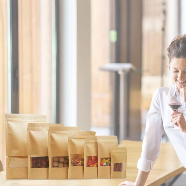 Wholesale Customized Brown Eco-friendly Sealed Transparent Food Packaging Bags Sealing Kraft Paper Bags