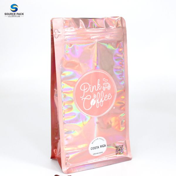 Customizable Holographic Flat Bottom Coffee Bag With Valve And Zipper