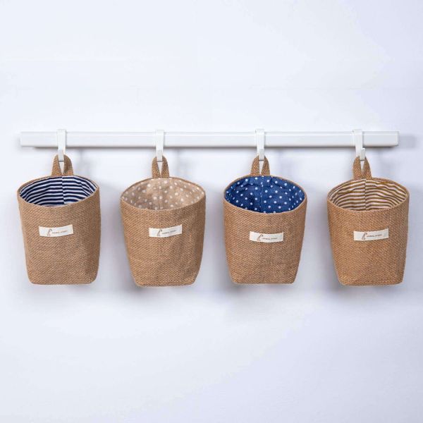 4 Pack Wall Hanging Storage Bags Cotton Linen Storage Basket Foldable Family