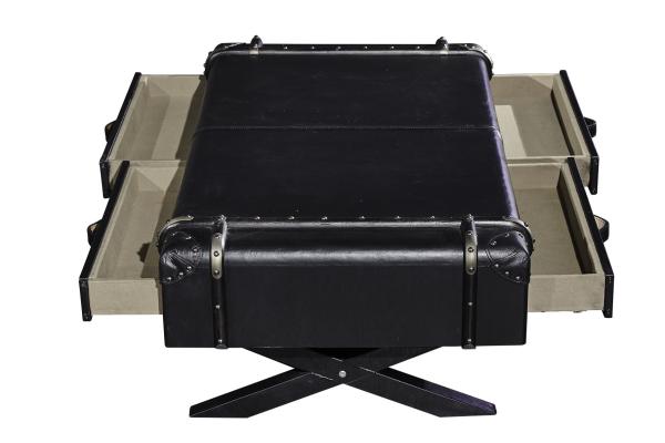 4 Drawers Side Coffee Table Vintage Retro Black Top Genuine Leather For Office