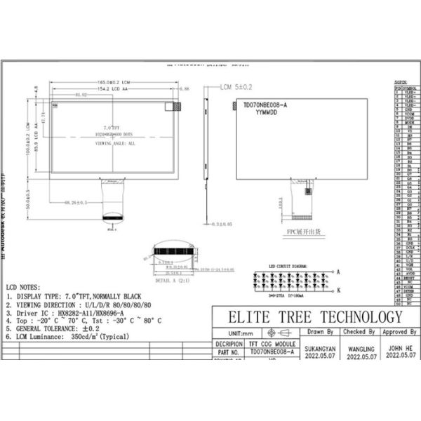 1024x600 полный модуль дисплея угла наблюдения TFT LCD с 50 штырями 350CD 7 дюймов