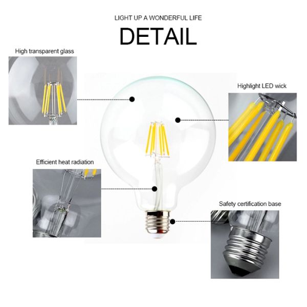 Vintage G125 Globe LED Edison Filament Bulbs 4W / 6W 8W Dimmable Filament Bulbs