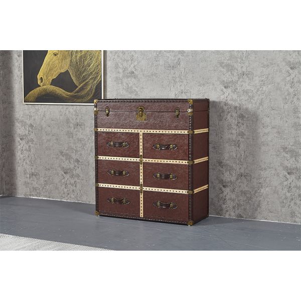 Nidea #305 Vintage Brown Genuine Leather Aviator Storage Trunk Cabinet Side Table Chest Cabinet Industrial Aviator File Furniture
