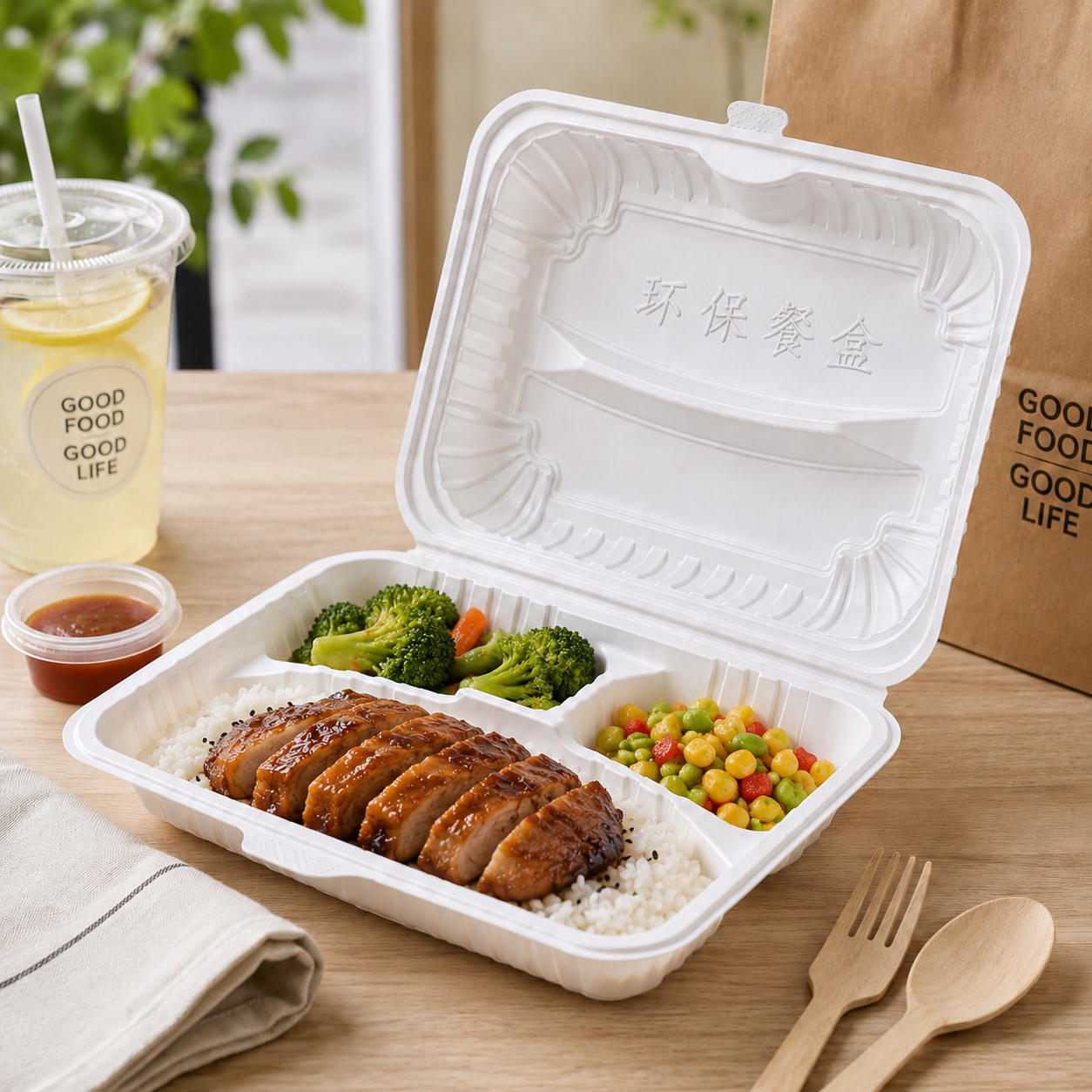 Compact Combo Meals PP Clamshell Takeout Containers Three Compartment 475ml