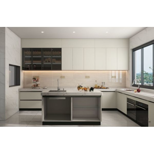 Off-White U-Shaped Stainless Steel Kitchen Cabinet with Island