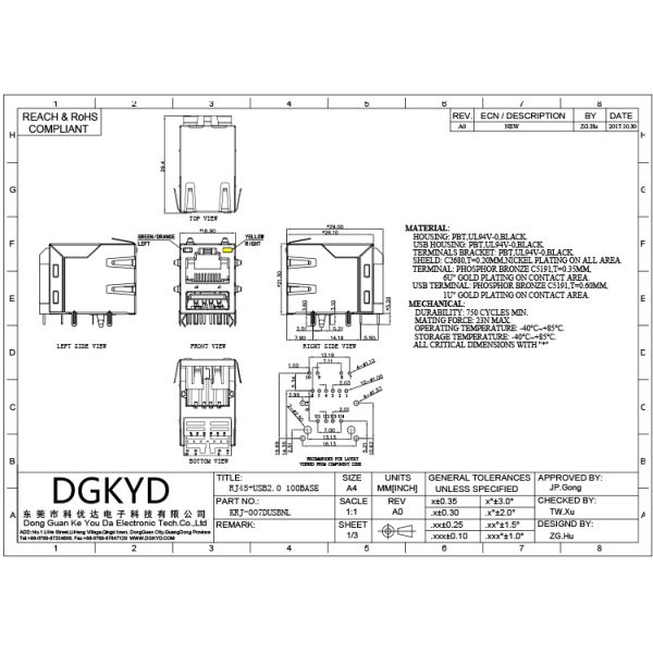Industrial Dual Deck USB Rj45 Connector Cat 5e Rj45 Connector With USB , G/Y LED