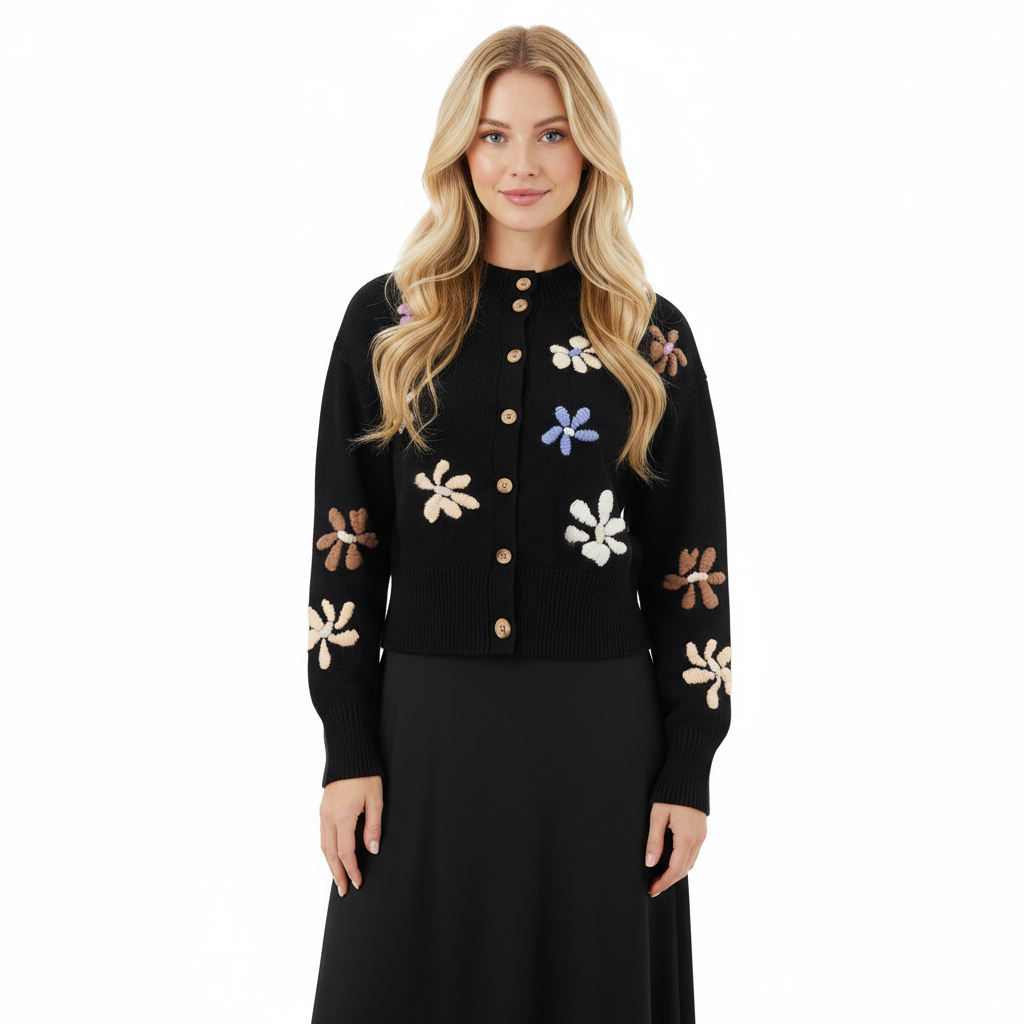 Women's Floral Embroidery Cardigan with Anti-Pilling and 7GG Knitted Crew Neck Long Sleeve