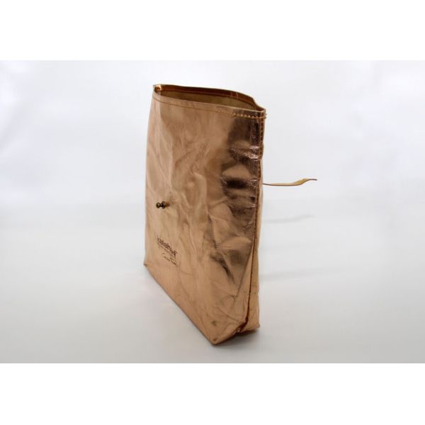 OEM Washable Kraft Paper Makeup Cosmetic Bag Rose Gold With Metal Button Closing
