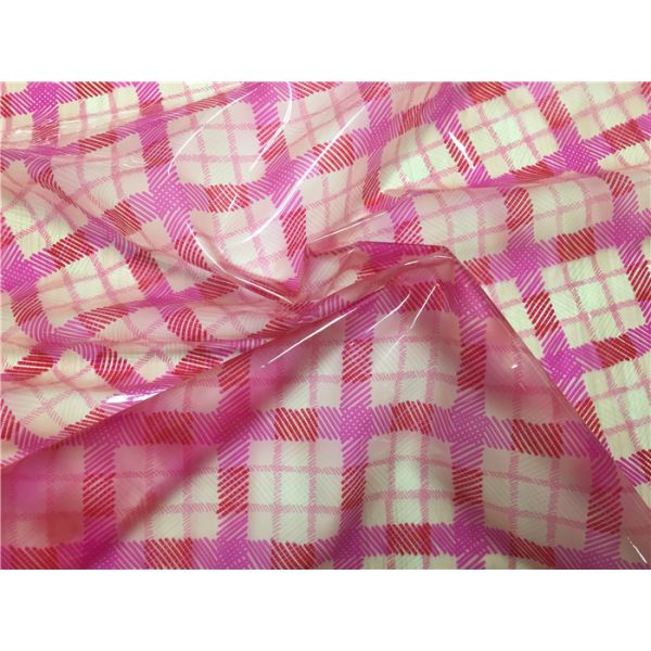 Pink Plaid Design Printed Artificial Leather Fabric , Garment Fake Leather Fabric