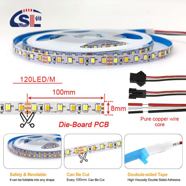 CCT 12V24V 8mm 120leds 3000K-6500K Flexible Dual Color Electroplate SMD2835 LED Strip Light