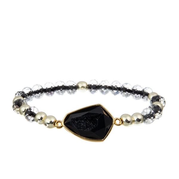 Cool Lady Round Beads Bracelet Set Black Facted Small Size With Druzy Charm