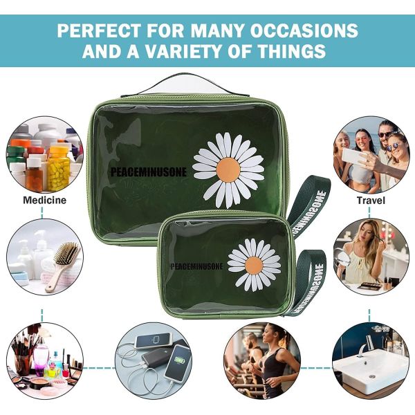 Daisy Transparent Cosmetic PVC Waterproof Travel Makeup Bag Green For Women Men