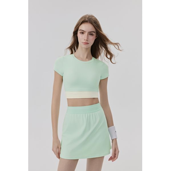 Mint Green Short Sleeve Cropped Workout Top with Contrast Band for Yoga and Fitness