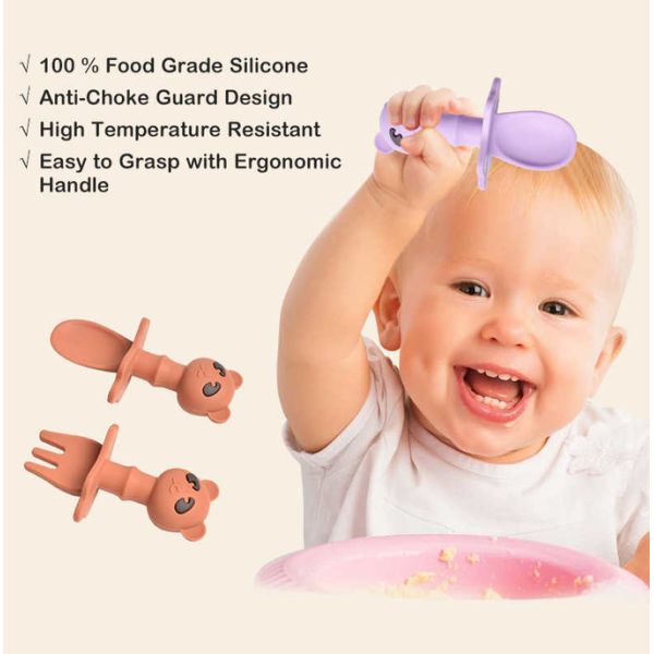Cuchara de silicona verde SS y tenedor para niños Cuchara de destete automático aprobación CPC