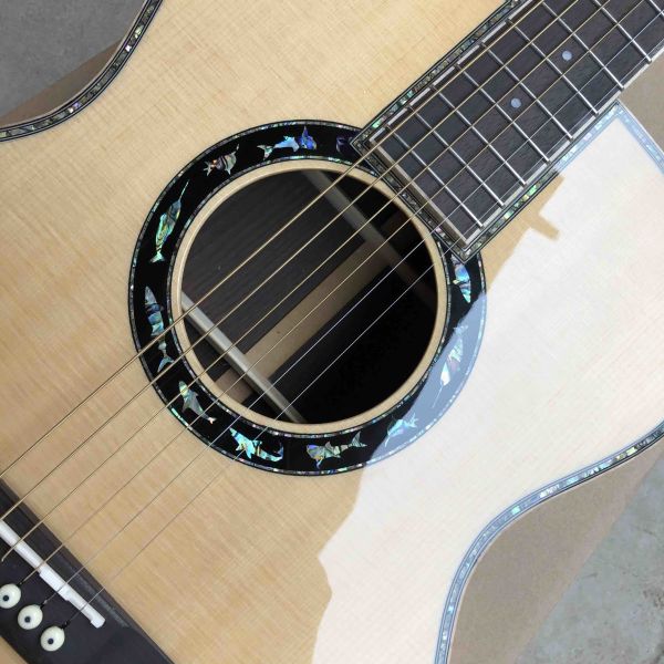 Custom 2020 New Real Abalone Aaaa All Solid Spruce Round Body Maple Binding Acoustic Guitar