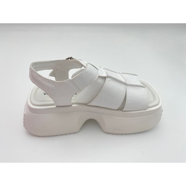 Women white sandals with thick soled and metal button genuine leather