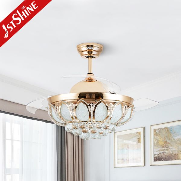 Lâmina de 42 ABS do cobre do metal de Crystal Retractable Ceiling Fan Light da polegada