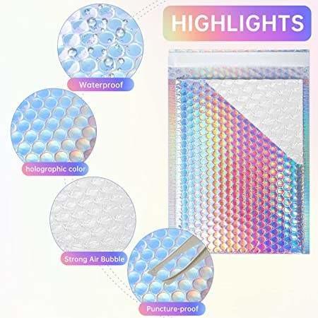 Biodegradable Compostable Shipping Packaging Holographic Metallic Poly Bubble Mailer Padded Envelope