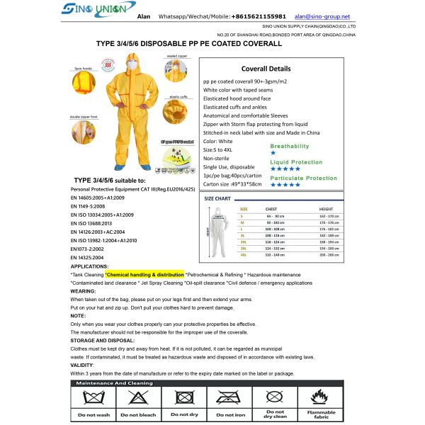 Yellow Type 3 Disposable Coverall Pp Pe Coated Heavy Industry For Oil