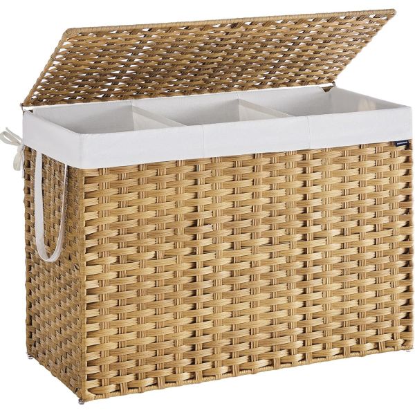 Laundry Hamper With Lid, 23.8 Gallon (90 L) Synthetic Rattan Clothes Laundry Basket With Lid And Handles, Foldable, Removable Liner, Goose Yellow