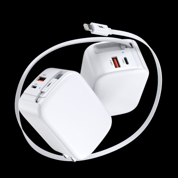 Быстрое зарядное устройство GaN мощностью 45 Вт для мобильных телефонов/iPad/камеры/PDA/MP3 с 3 в 1 8pin портами и выдвижными кабелями