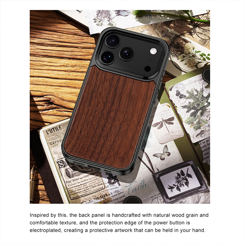 For Luxury Business Natural Wood TPU PC Magnetic Phone Case for iPhone 18/17/16 Pro Max with Camera Lens Bracket