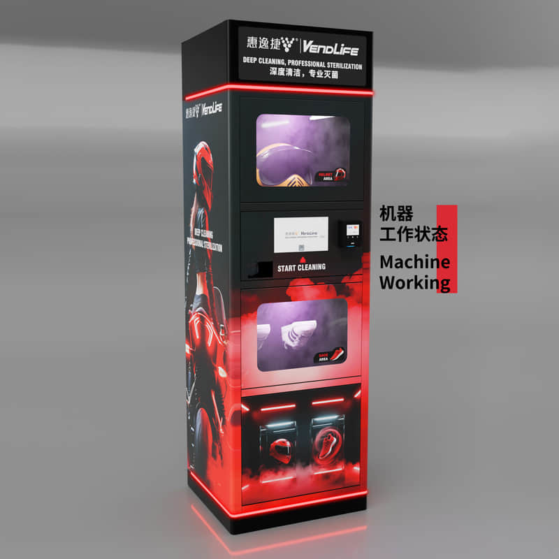 Smart Helmet Cleaning Vending Machine with UV Sterilization, Automatic Drying, Deodorizing System and QR Card Payment for Motorcycle Shops, Gyms and Public Locations
