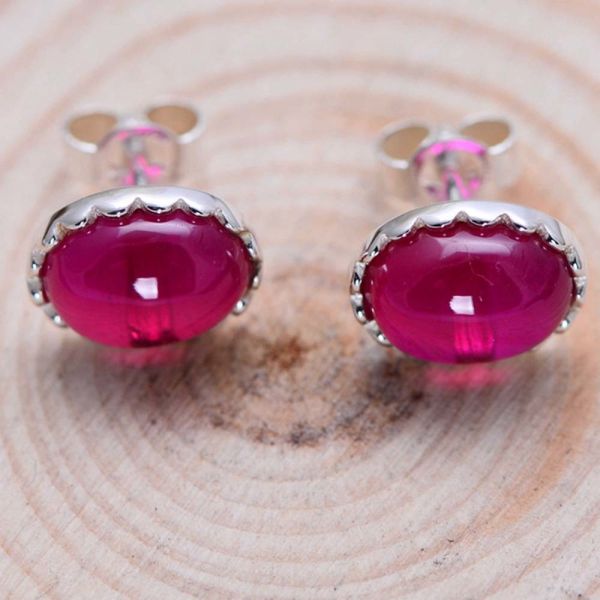 Women Retro 925 Sterling Silver Oval Synthetic Ruby Stud Earrings (041681)