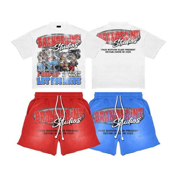 Coupe personnalisée de lavage à l'acide Vintage Short Set T-shirts découpés en boîte Coton Streetwear Shorts T-shirt Dtg Impression de culture T-shirt et Shorts ensemble