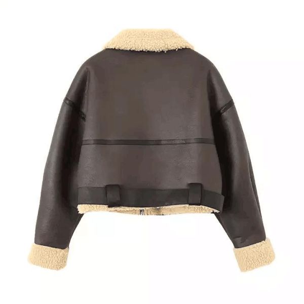                  Custom Cropped Leather Jacket Vintage Women′s Motor Jackets Brand Quality Sherpa Warm Bomber Coat for Women Winter             