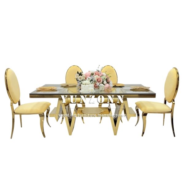 Wholesaler Weeding Furniture Table Modern Luxury Gold Stainless Steel Glass Dining Table 6 Chairs Sets
