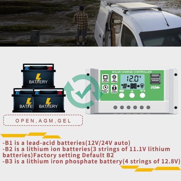 30A PWM Solar Charge Controller Discharge Regulator 12V 24V 1920W for Lithium Batteries