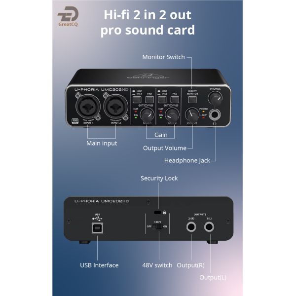 UMC202HD Professional Live Streaming High End USB Cartão de Som Externo Computação Gravação de Guitarra