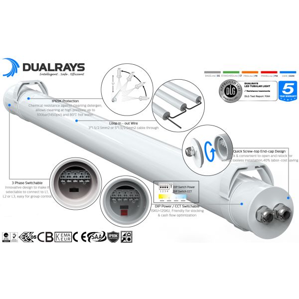 1.5m 60W IP69K IK10 MTB7 Marine LED Tubular Light for Docks and Passageways with 3 or 5 wiring-through linkable and DIP Switchable Power/3CCT/3-Phase Changing
