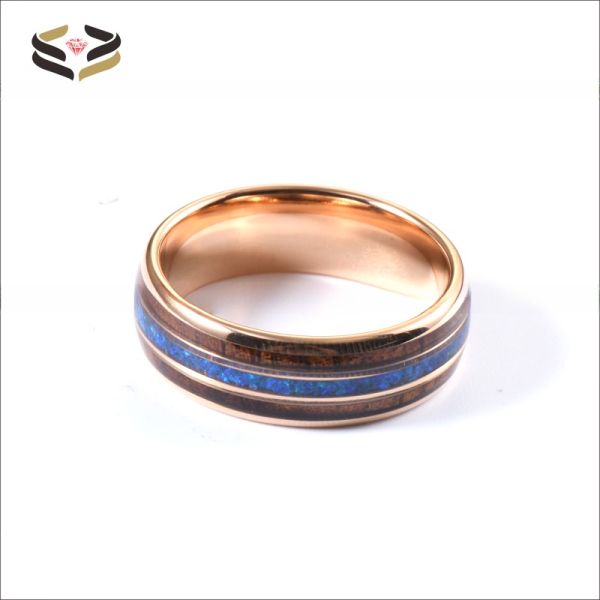 8mm Tungsten Carbide Men Wedding Ring With Hawaiian Koa Wood And Blue Opal Inlay