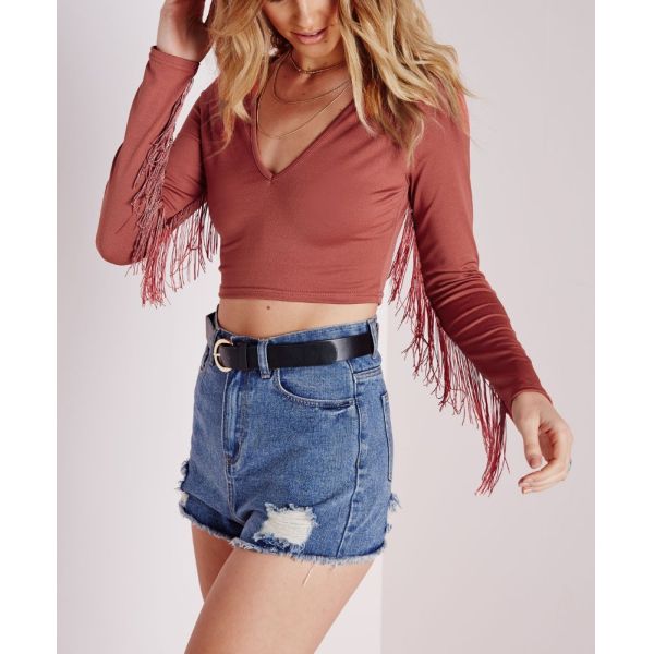 2018 ladies latest design fringe long sleeve off shoulder crop top