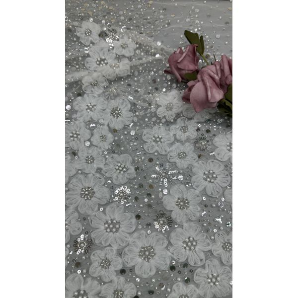Polyester Beaded Embroidery Fabric Sequin Lace Spandex White 100% Embroidered Lace Fabric