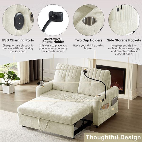 Modern Soft Chenille Fabric Convertible Sofa Bed with USB Port & Cup Holder & Phone Stand 2 Seater Sofa Pull Out Sleeping Sofa Bed