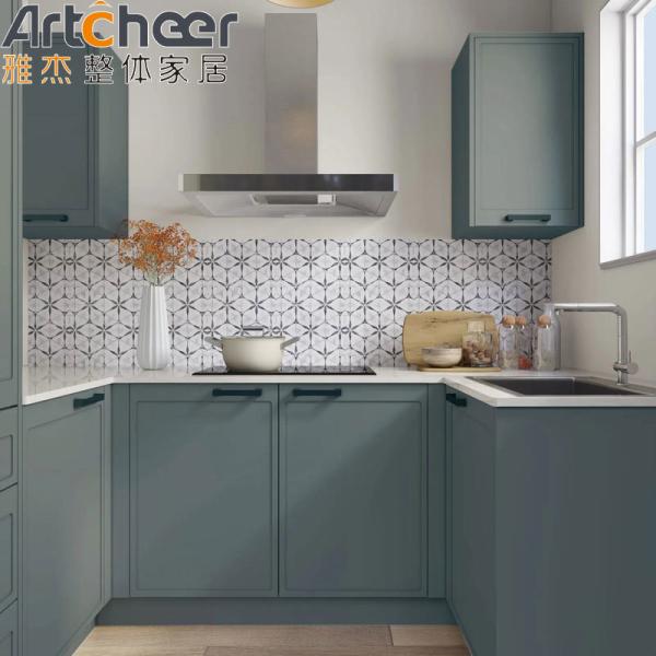 Blue Color Finish U Shape Kitchen Cabinet with End Solid Wood Design and Toe Kick Accessories